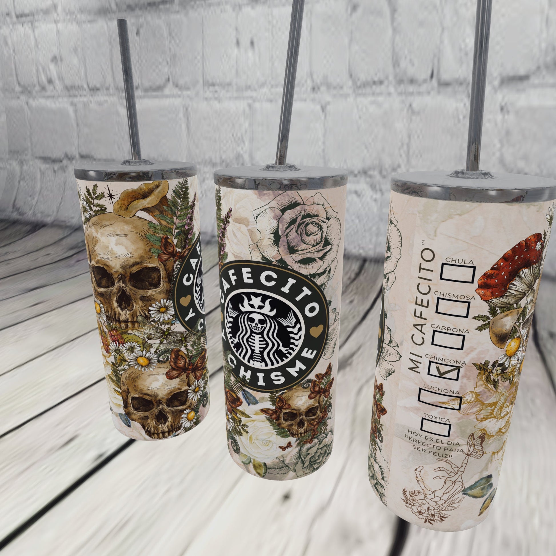 CAFECITO Y CHISME 20oz Tumbler Cup Skeleton Pattern, chingona, cabrona, chismosa, cup, Toxica themed, cafecito y chisme termo