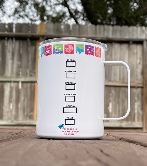 CAFECITO Y CHISME 10oz Stainless Steel Coffee Mug Colorful Pattern, chingona, cabrona, chismosa, cup, Mexico themed, cafecito y chisme termo