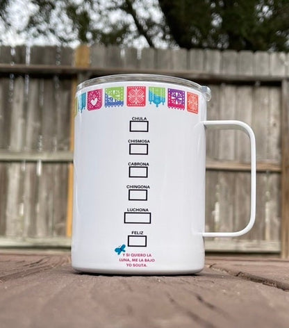 CAFECITO Y CHISME 10oz Stainless Steel Coffee Mug Colorful Pattern, chingona, cabrona, chismosa, cup, Mexico themed, cafecito y chisme termo
